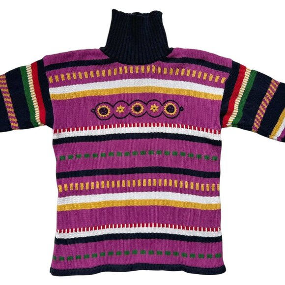 90s vintage striped turtleneck sweater sunflower embroidery quirky  retro Mexx. - Picture 6 of 8